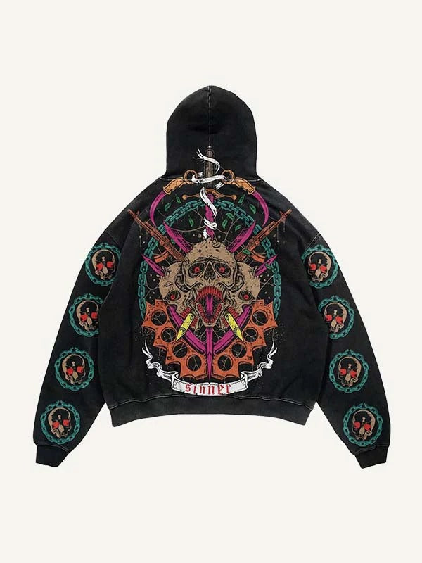 Black men's hoodie with bold skull graphic, colorful swords, and 'sinner' banner on the back