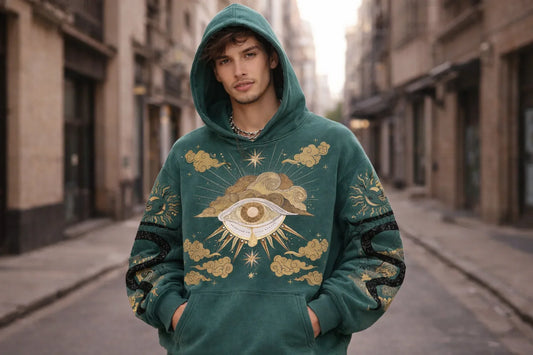 Man wearing a green hoodie with eye and celestial designs, modeling modern men's streetwear