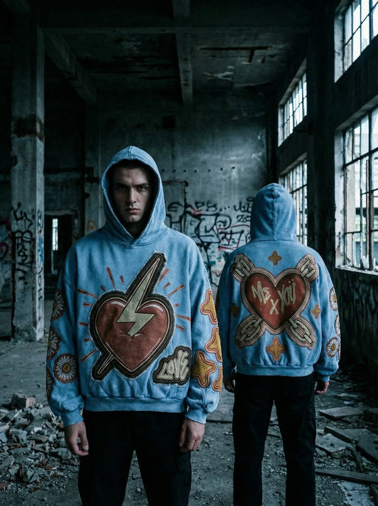 Modern men's street style: two models in blue graphic hoodies, artwork heart designs, urban graffiti backdrop