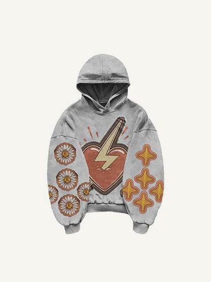 Modern men’s grey hoodie with heart and lightning print, floral and geometric sleeve designs