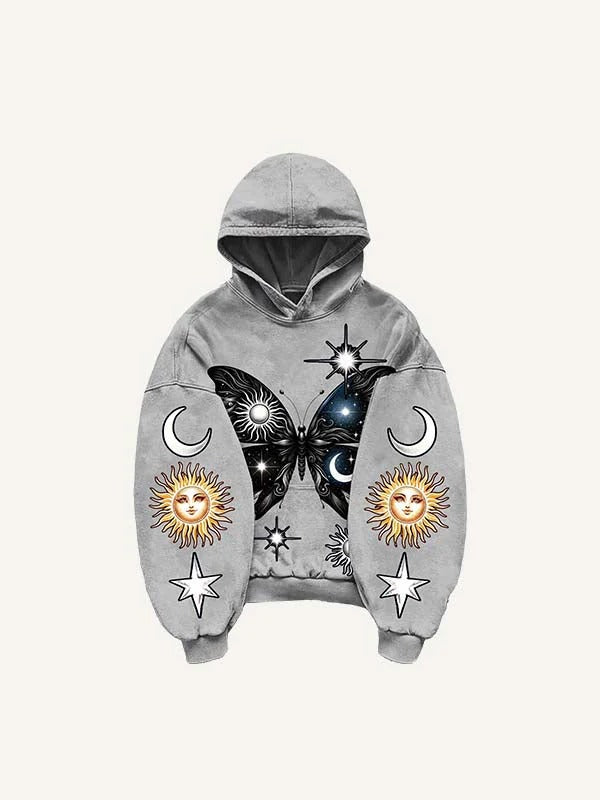 Gray men’s hoodie with butterfly, sun, moon, and star graphics, clothbros modern style