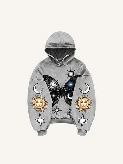 Gray men’s hoodie with butterfly, sun, moon, and star graphics, clothbros modern style