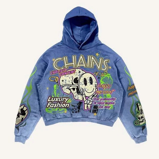 Blue graphic hoodie with cartoon skull design, bold CHAIN text, luxury fashion, and neon accents.