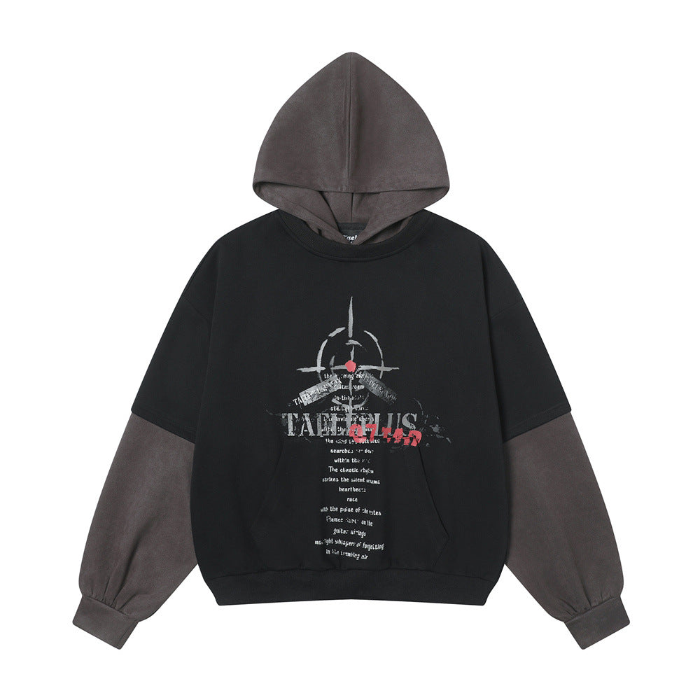 Modern men’s hoodie with graphic print, black body, dark gray hood and sleeves, clothbros style