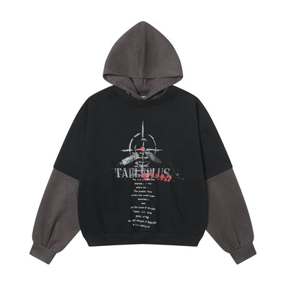 Modern men’s hoodie with graphic print, black body, dark gray hood and sleeves, clothbros style