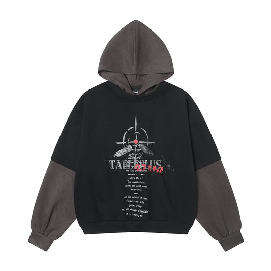 Modern men’s hoodie with graphic print, black body, dark gray hood and sleeves, clothbros style