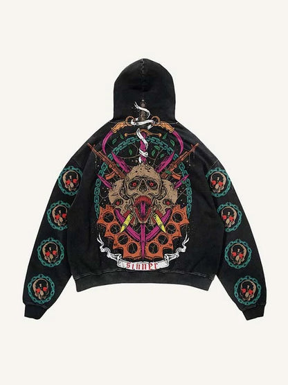 Black men's hoodie with bold skull graphic, colorful swords, and 'sinner' banner on the back