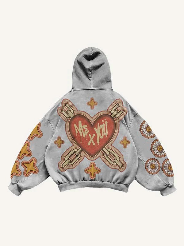 Gray men’s hoodie with graphic heart and chain design, bold 'Me x You' text, and colorful sleeve patterns.