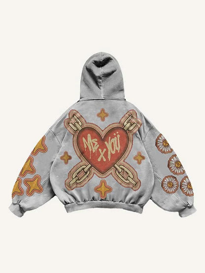 Gray men’s hoodie with graphic heart and chain design, bold 'Me x You' text, and colorful sleeve patterns.
