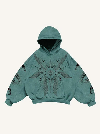 Modern men's teal hoodie with eye and wing graphic design, clothbros streetwear style.