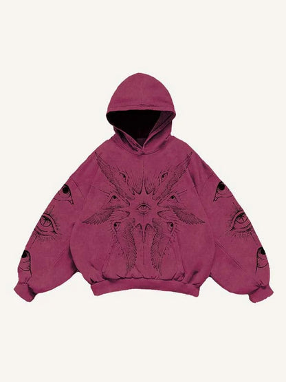 Maroon men’s hoodie with artistic eye and wing designs, modern streetwear by clothbros