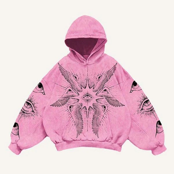Pink men's hoodie with eye and wing graphic design, clothbros modern streetwear style