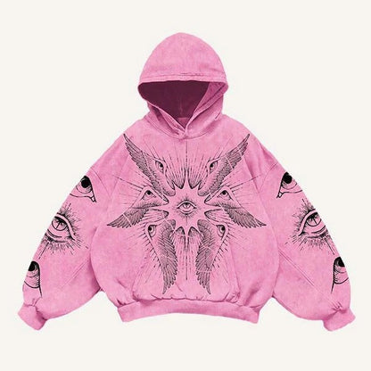 Pink graphic hoodie with all-seeing eye and wing design, modern men's streetwear by clothbros