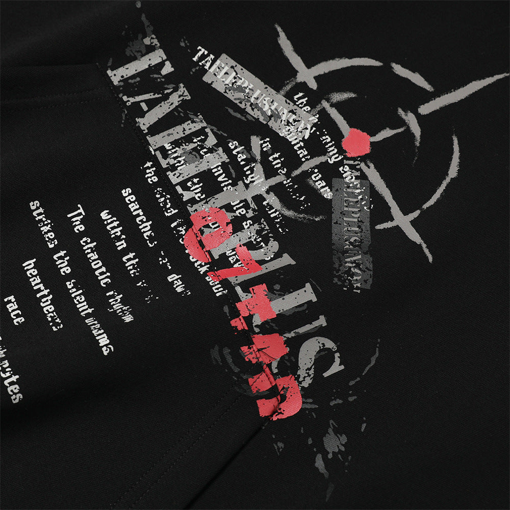 Modern men’s hoodie with bold graphic text and abstract target design on black fabric, clothbros