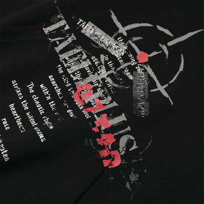 Modern men’s hoodie with bold graphic text and abstract target design on black fabric, clothbros