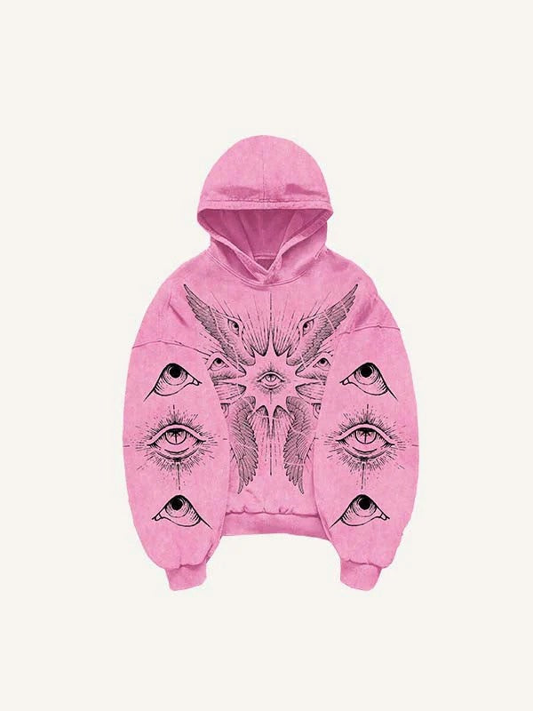 Pink men's hoodie with eye and wing graphic, modern streetwear by clothbros