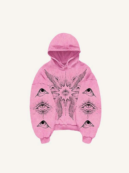 Pink men's hoodie with eye and wing graphic, modern streetwear by clothbros
