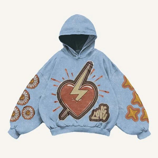 Modern men's blue hoodie with heart and lightning graphic, floral and star sleeve designs