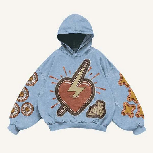 Modern men's blue hoodie with heart and lightning graphic, floral and star sleeve designs