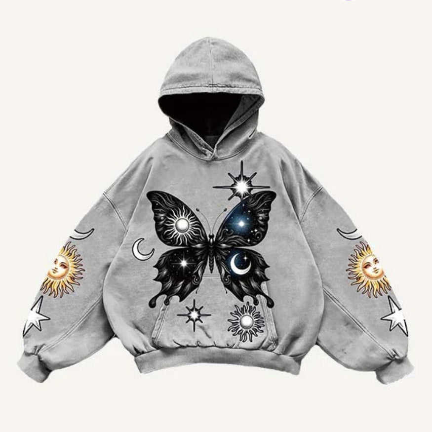 Gray men's hoodie with black butterfly, sun, moon, and star graphics, modern streetwear
