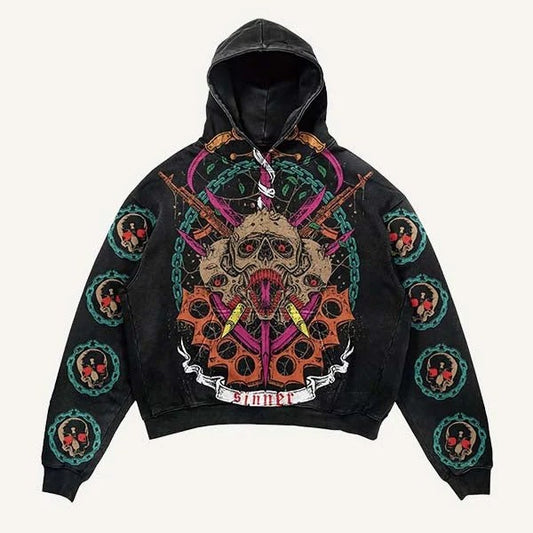 clothbros modern men's black hoodie with bold skull graphic, colorful chains, and 'sinner' text