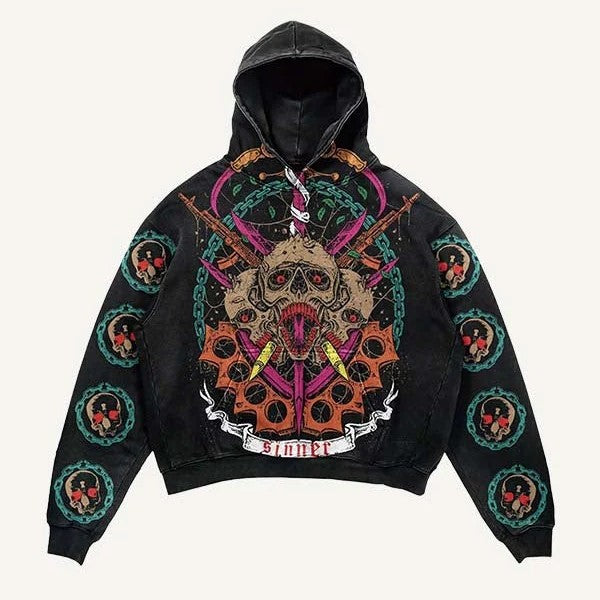 Black men's hoodie with bold skull and chain graphic, vibrant colors, modern streetwear style