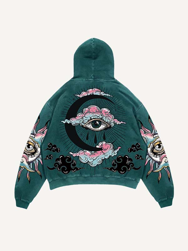 Teal men’s hoodie with mystical eye and crescent moon graphic, modern streetwear by clothbros.
