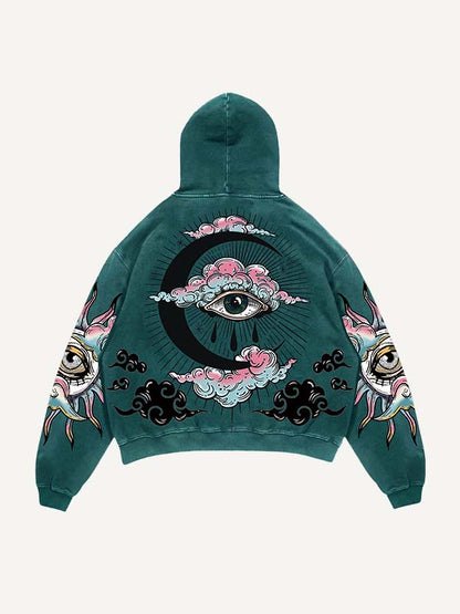 Teal men’s hoodie with mystical eye and crescent moon graphic, modern streetwear by clothbros.