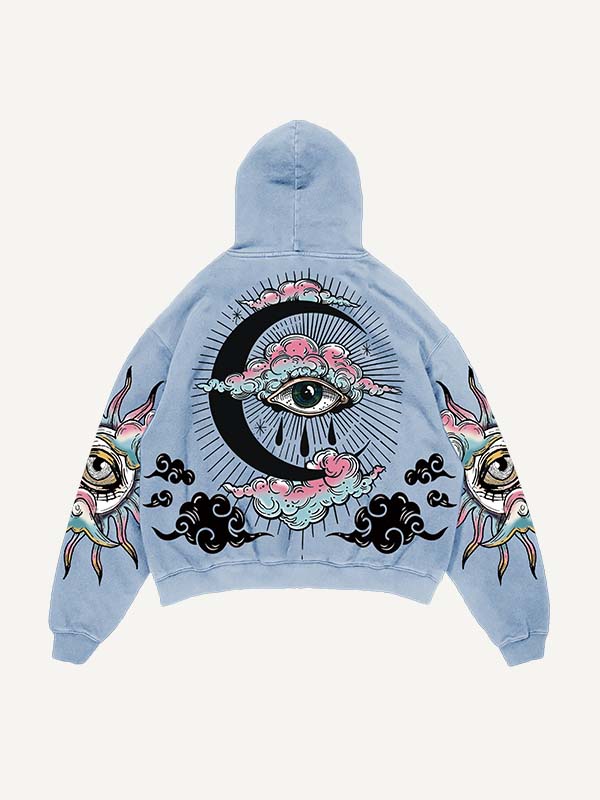 Light blue men's hoodie with mystical eye, crescent moon, and cloud graphic on back and sleeves