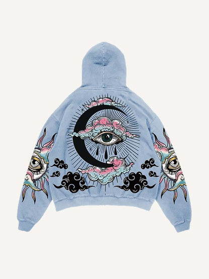 Light blue men's hoodie with mystical eye, crescent moon, and cloud graphic on back and sleeves