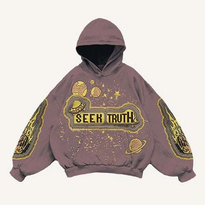 Brown oversized men's hoodie with yellow space graphics and 'Seek Truth' text, modern streetwear by clothbros
