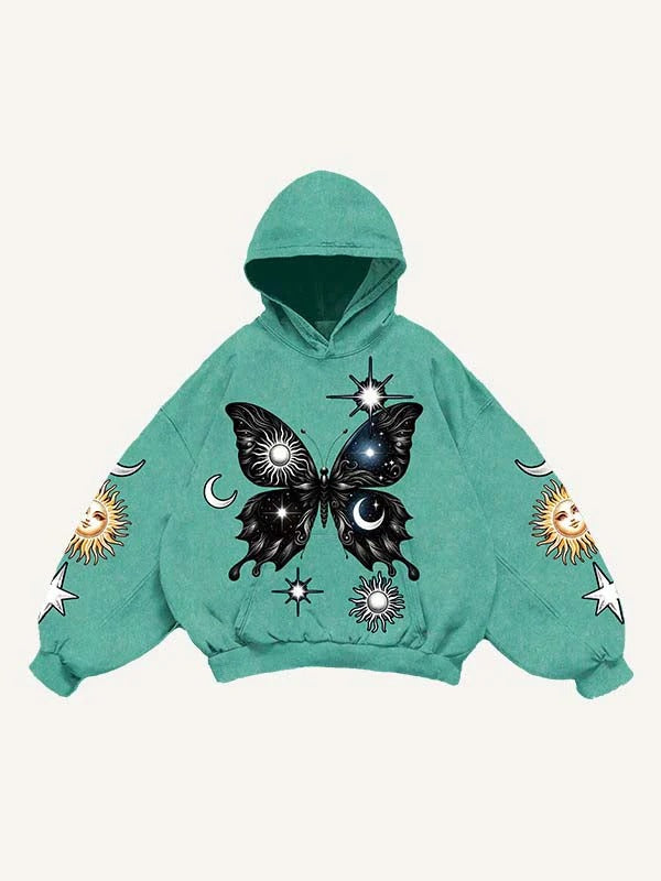 Mint green men's hoodie with large butterfly, sun, and moon graphic from clothbros