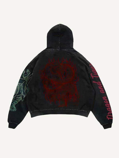 Black men's hoodie with red flaming skull design, dragon sleeve graphic, and 'Dragon and Tiger' text by clothbros