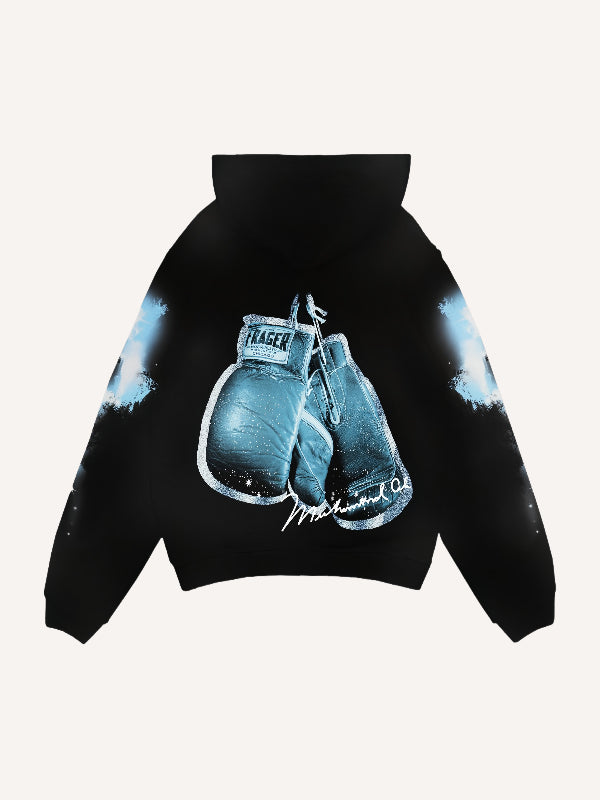 Black hoodie with blue boxing gloves graphic, modern men’s streetwear by clothbros