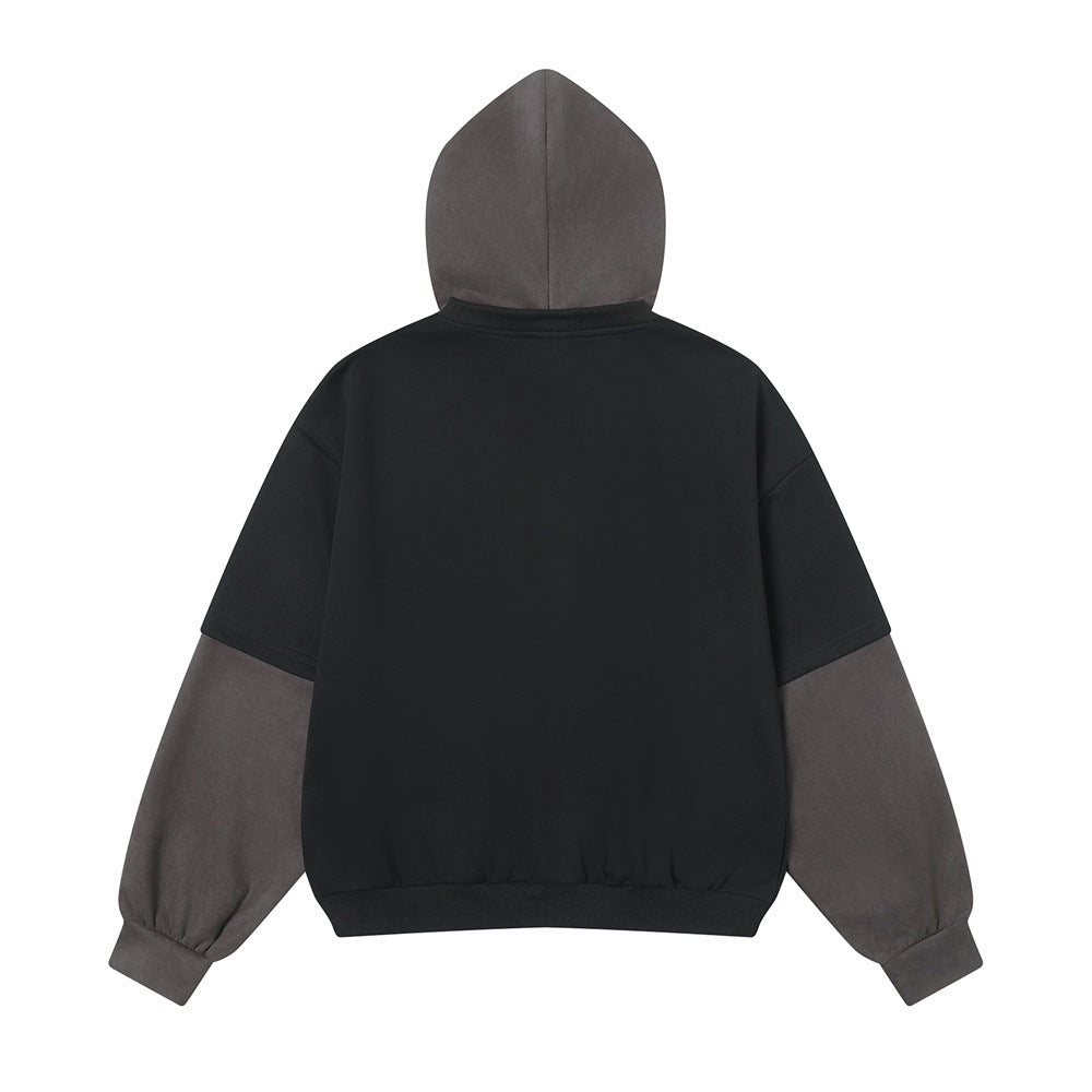 Modern men's hoodie with black body and gray sleeves, minimal design, clothbros style