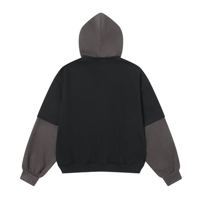 Modern men's hoodie with black body and gray sleeves, minimal design, clothbros style