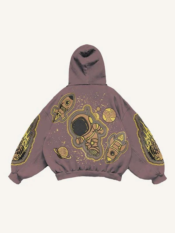 Brown men's hoodie with cartoon astronaut and rocket graphics, clothbros modern streetwear style