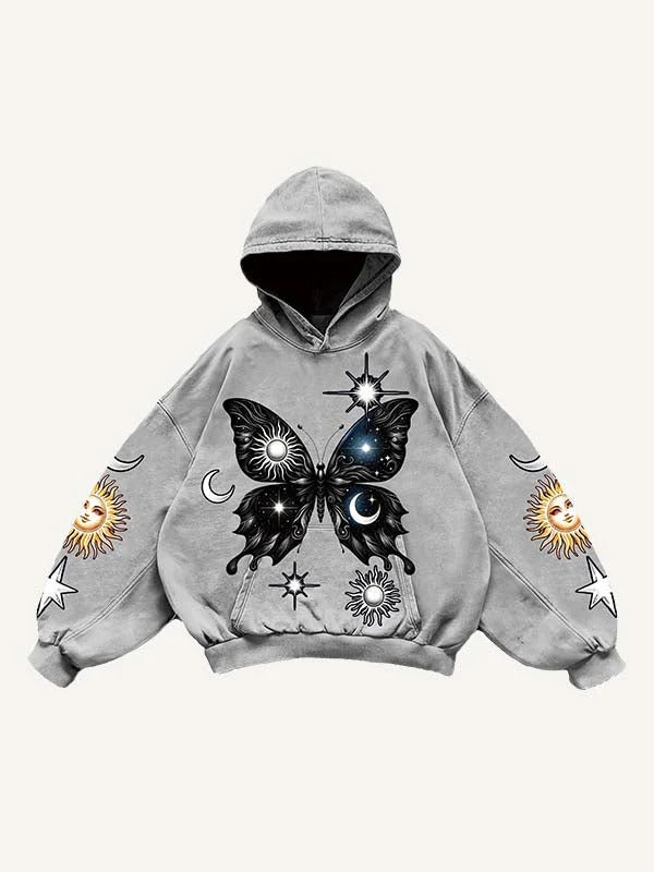 Gray men’s hoodie with butterfly, sun, moon, and star graphics, modern streetwear by clothbros