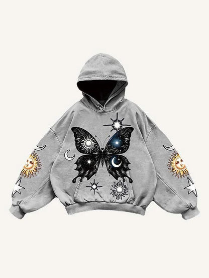 Gray men’s hoodie with butterfly, sun, moon, and star graphics, modern streetwear by clothbros