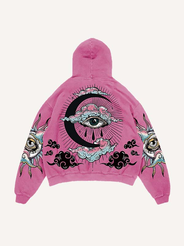 Pink hoodie with eye and crescent moon graphic, sun and cloud designs from clothbros