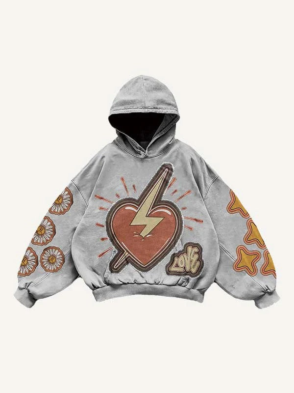 Gray men's hoodie with bold heart and lightning graphic, flower and star patches, clothbros style
