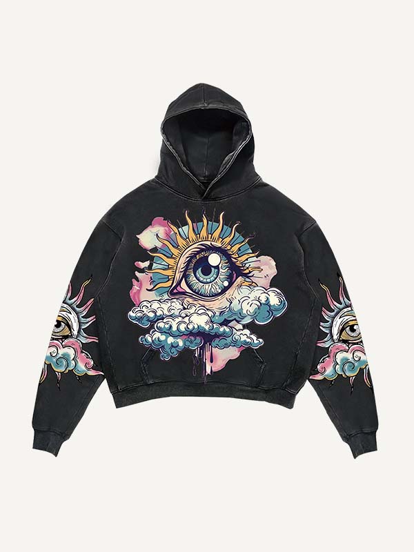 Modern men’s black hoodie with colorful eye and cloud graphic, clothbros streetwear style