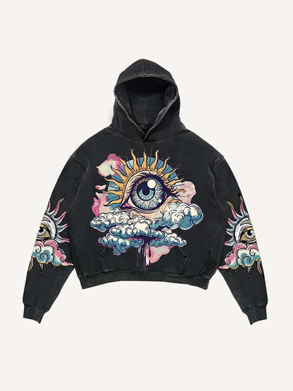 Modern men’s black hoodie with colorful eye and cloud graphic, clothbros streetwear style
