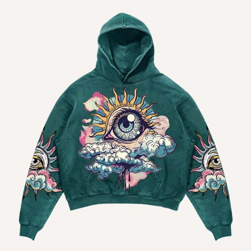 Teal men’s hoodie with artistic eye and sun graphic, modern streetwear by clothbros.
