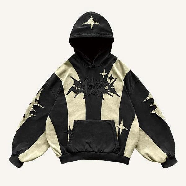 Modern men's hoodie by clothbros with black and beige star graphics, front pocket, relaxed fit.