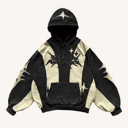 Modern men's hoodie by clothbros with black and beige star graphics, front pocket, relaxed fit.