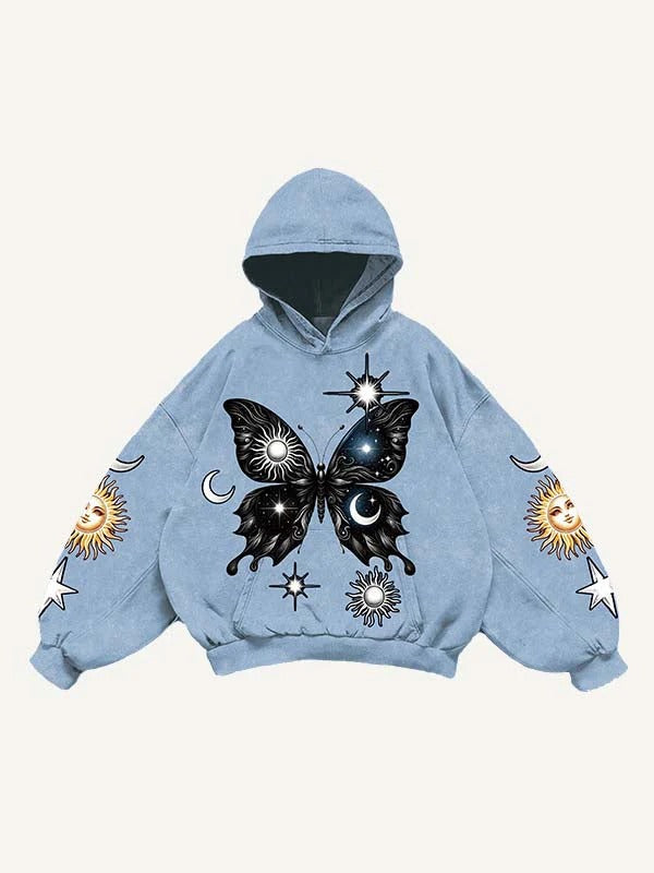 Light blue men’s hoodie with butterfly, sun, moon, and star graphics by clothbros