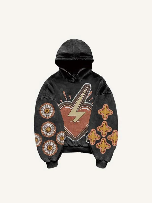 Men’s black hoodie with bold lightning heart and graphic flower designs, clothbros style