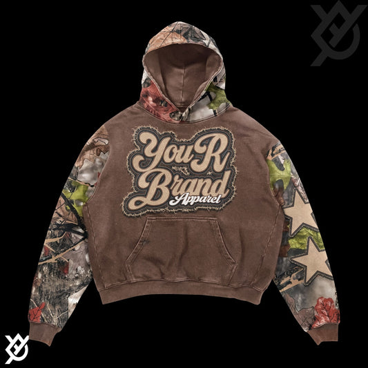 Brown men's hoodie with bold 'You R Brand Apparel' text, camo sleeves, clothbros modern style.
