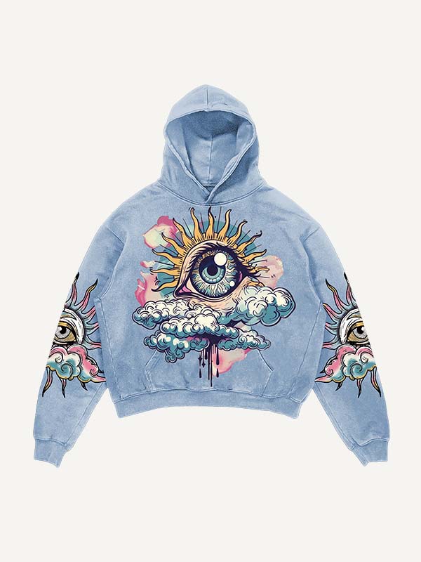 Blue men's hoodie with colorful eye and cloud graphic, modern streetwear by clothbros